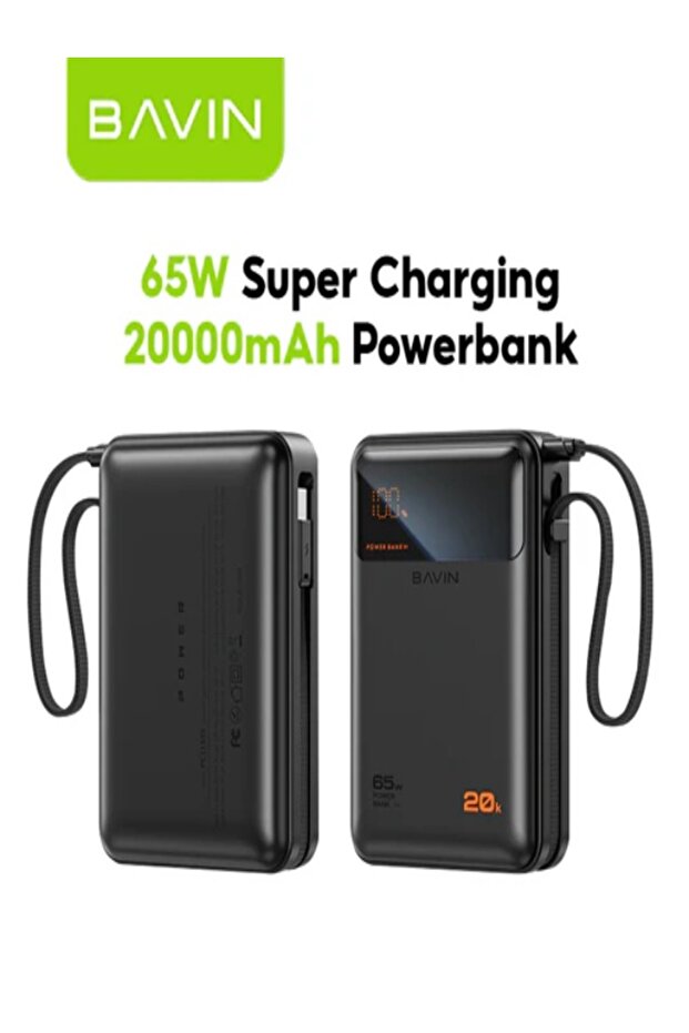 بنك طاقة PC1188 بسعة 20000 مللي أمبير وقوة 65 واط يدعم الشحن السريع بتقنية PD، مزود بكابل من النوع C مدمج.