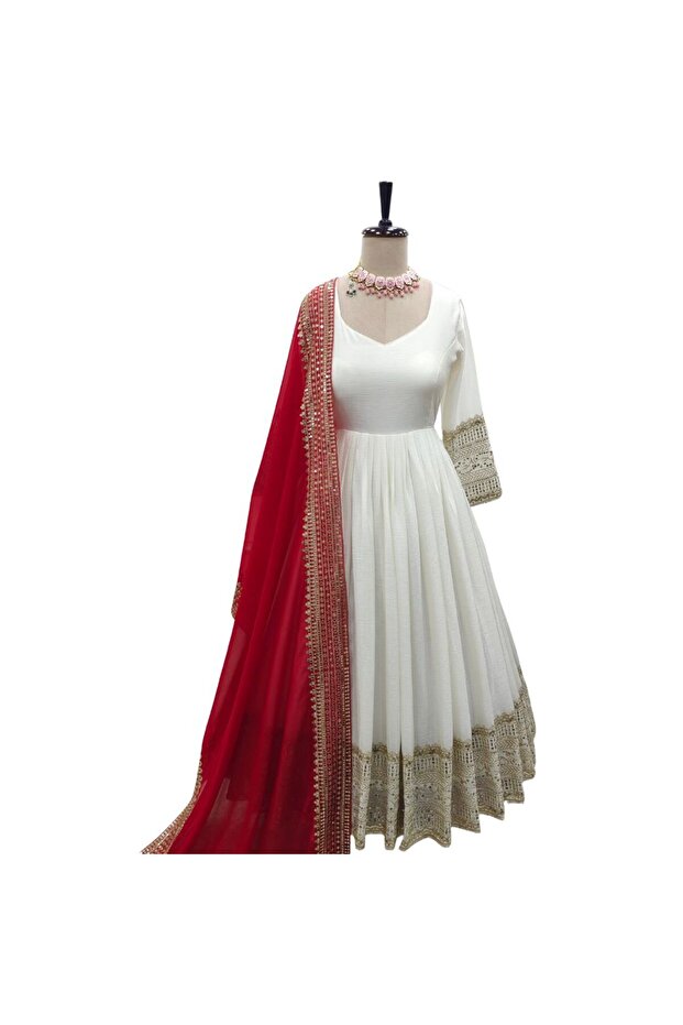 White Chinnon Silk Gown Pant & Dupatta Set - HRT4500 | White