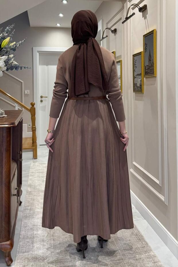 İrem Kemerli Çelik Örme Triko Elbise Sütlü Kahve - 5