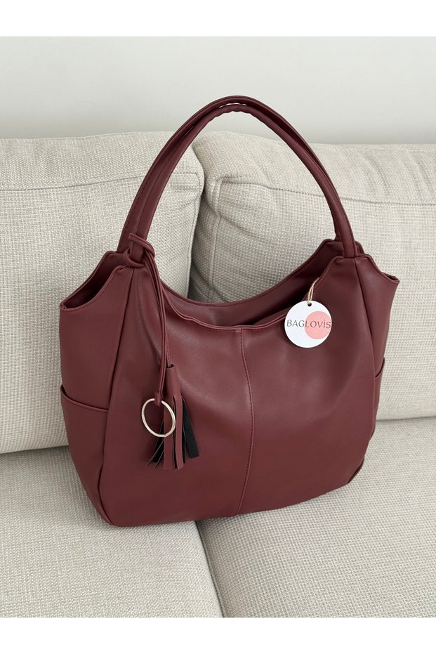 Large Size Burgundy Casual Women's Shoulder Bag with Ribbon and Tassel En45 Boy30