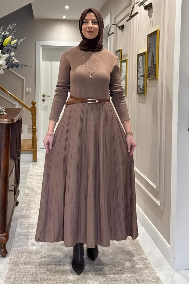 İrem Kemerli Çelik Örme Triko Elbise Sütlü Kahve - 1