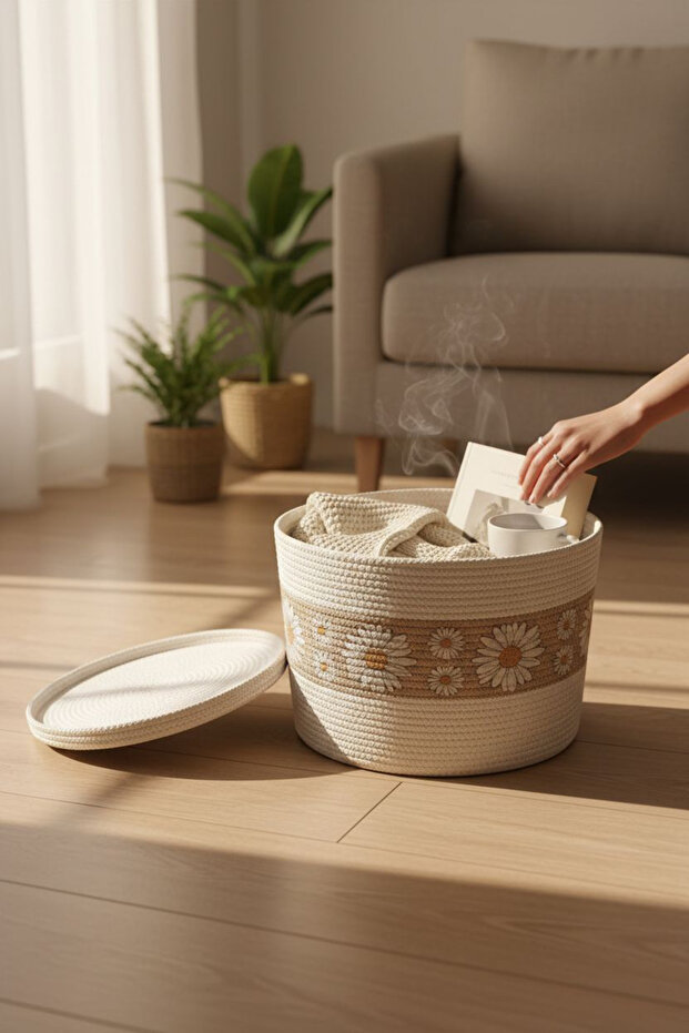 سلة تنظيم منسوجة يدويًا بنمط الأقحوان (فردية) - 5