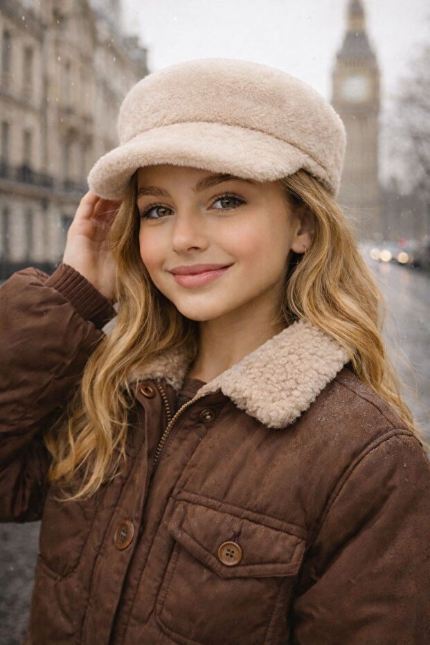 Beige Soft Textured Plush Cap Girl's Hat 10-18 Years Old