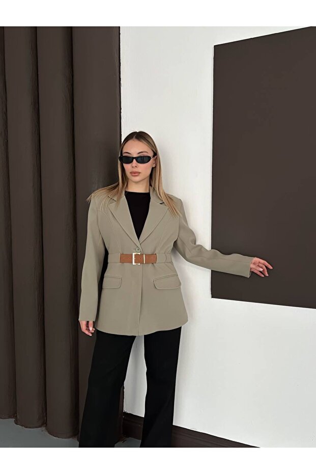 Women's Belt Detailed Blazer Jacket Shoulder Pad Piece and Lined New Season Stylish Outerwear