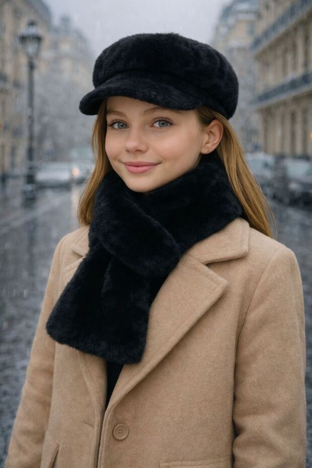 Black Soft Textured Plush Cap Hat and Neck Collar 2-Piece Children's Set 10-18 Years Old