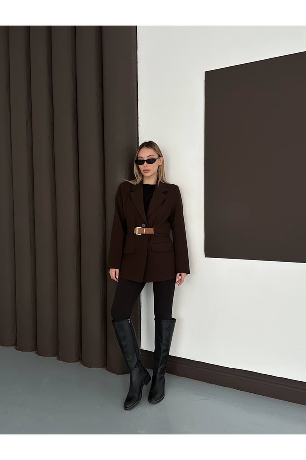 Women's Belt Detailed Blazer Jacket Shoulder Pad Piece and Lined New Season Stylish Outerwear