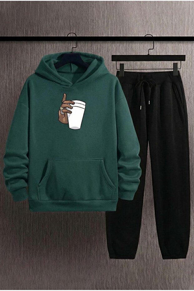 Unisex Green Cup Printed Hooded Sweatshirt Tracksuit Set