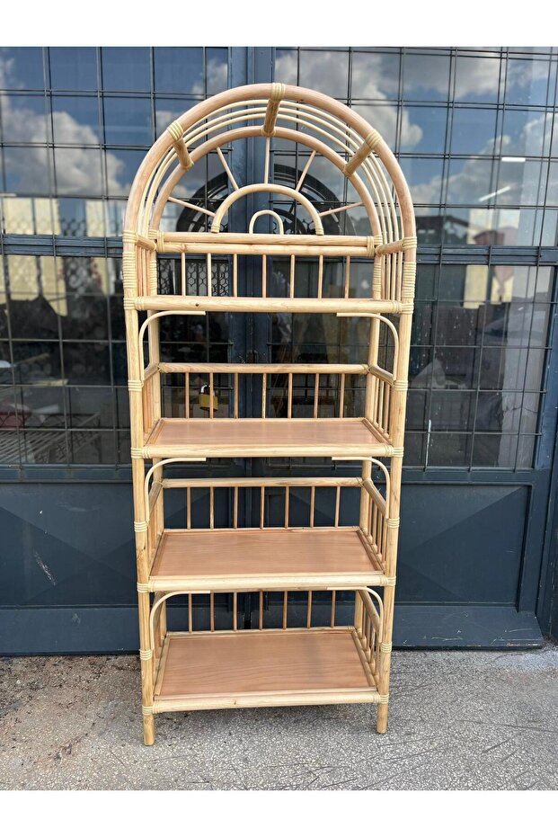 Doğal Rattan Detaylı Bohem Bambu Kitaplık - 1