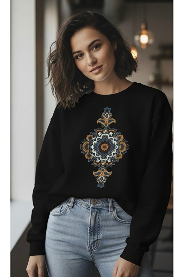Unisex 0Versize 100% Cotton Ethnic Patterned Printed Sweatshirt