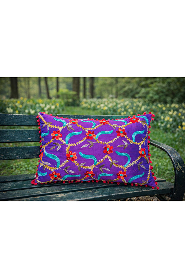 Purple Color Ivy Embroidered Pompom Bohemian Pillowcase
