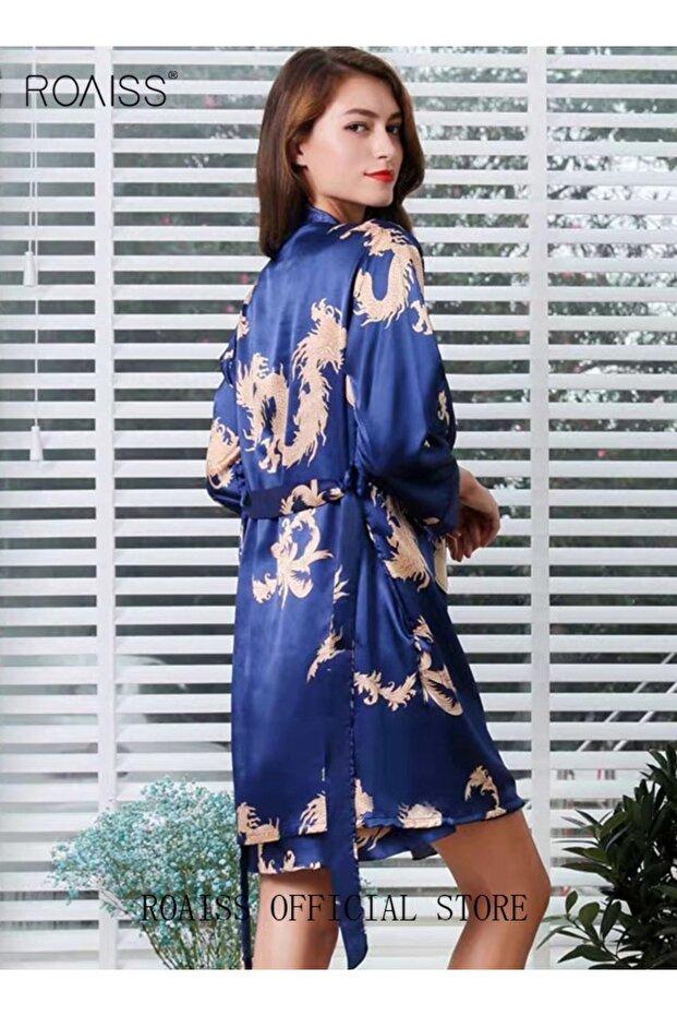 Plus Size Slip Dress and Robe for Ladies Silk Dragon Pattern Pajamas Bathrobe gift for Girlfriend Wi