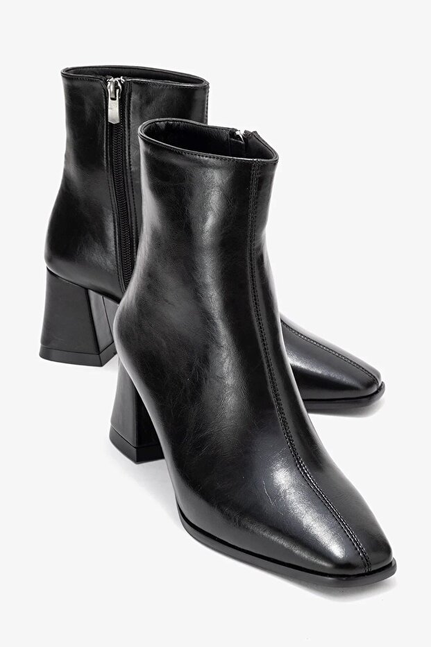 Women's Black Zippered Thick Mid-Heel Stylish Comfortable Ankle Boots