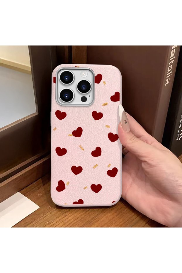 iPhone 16 Pro Max Compatible Pink Leather Textured Silicone Protects Camera Shock Absorbing Case Heart