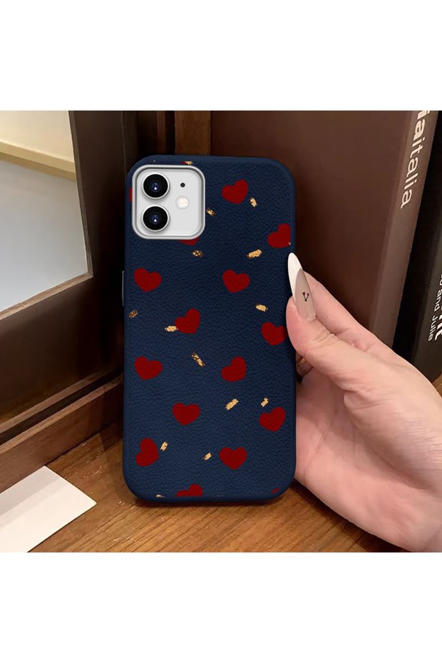 iPhone 11 Compatible Blue Leather Textured Silicone Protects Camera Shock Absorbing Case Heart
