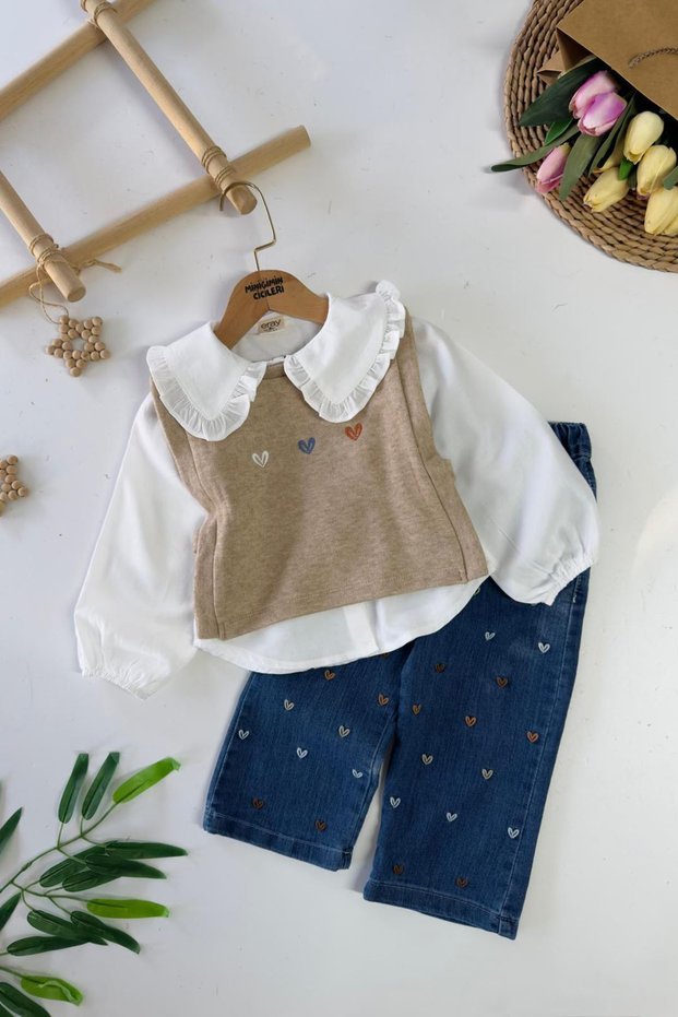 My Little One's Sweater with Heart Embroidery Detail, Girl's 3-Piece Set - Light Tan