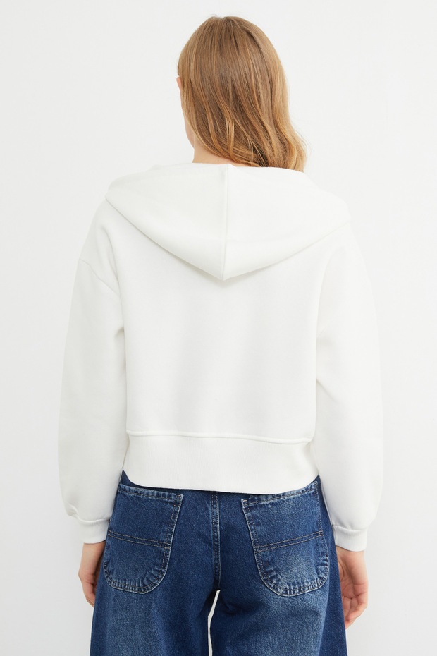 Basic Fermuarlı Kapüşonlu Crop Sweatshirt - 8