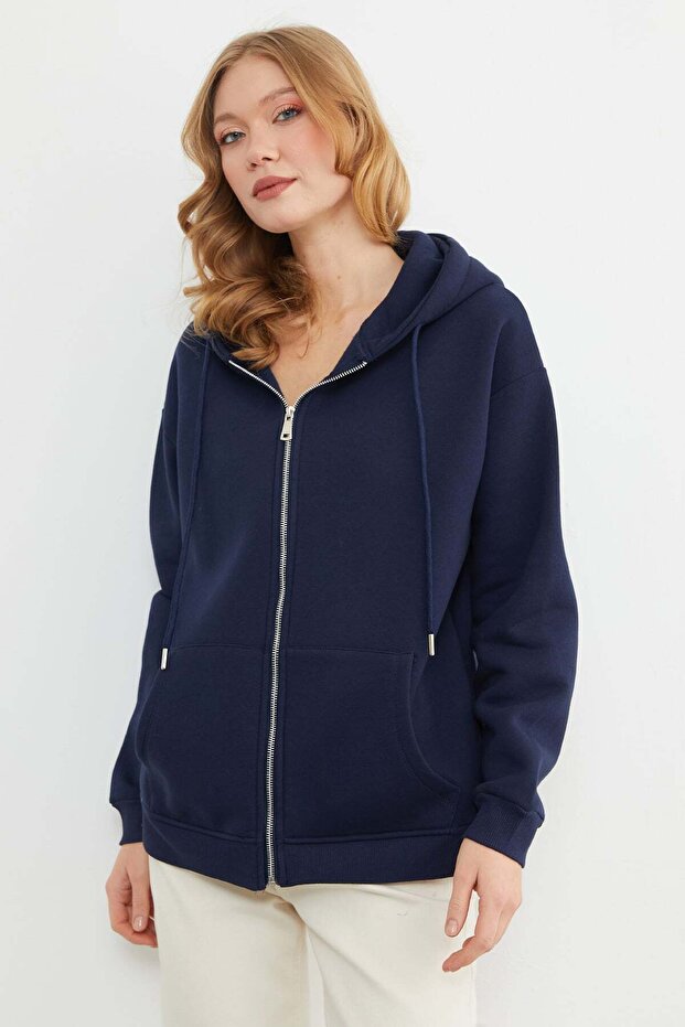 Basic Fermuarlı Kapüşonlu Oversize Sweatshirt - 5
