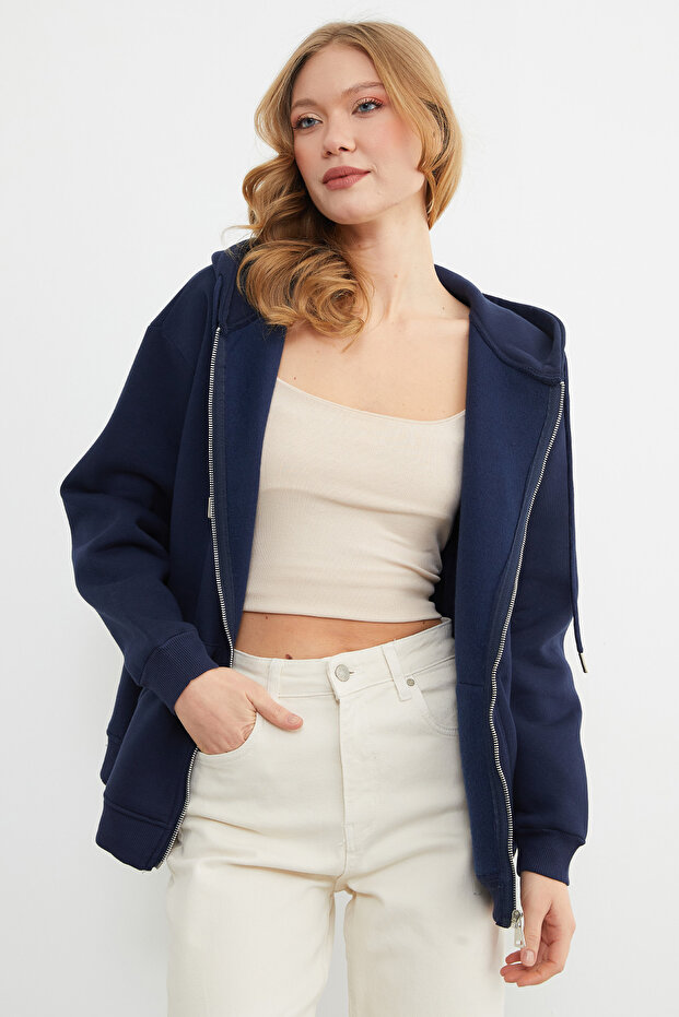 Basic Fermuarlı Kapüşonlu Oversize Sweatshirt - 1