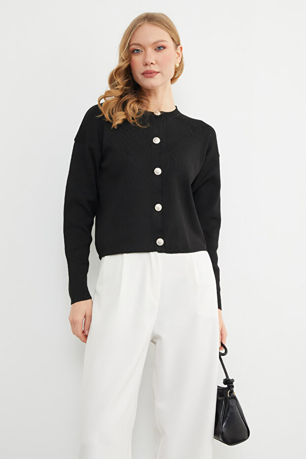 Basic Düğmeli Bisiklet Yaka Triko Hırka - 2