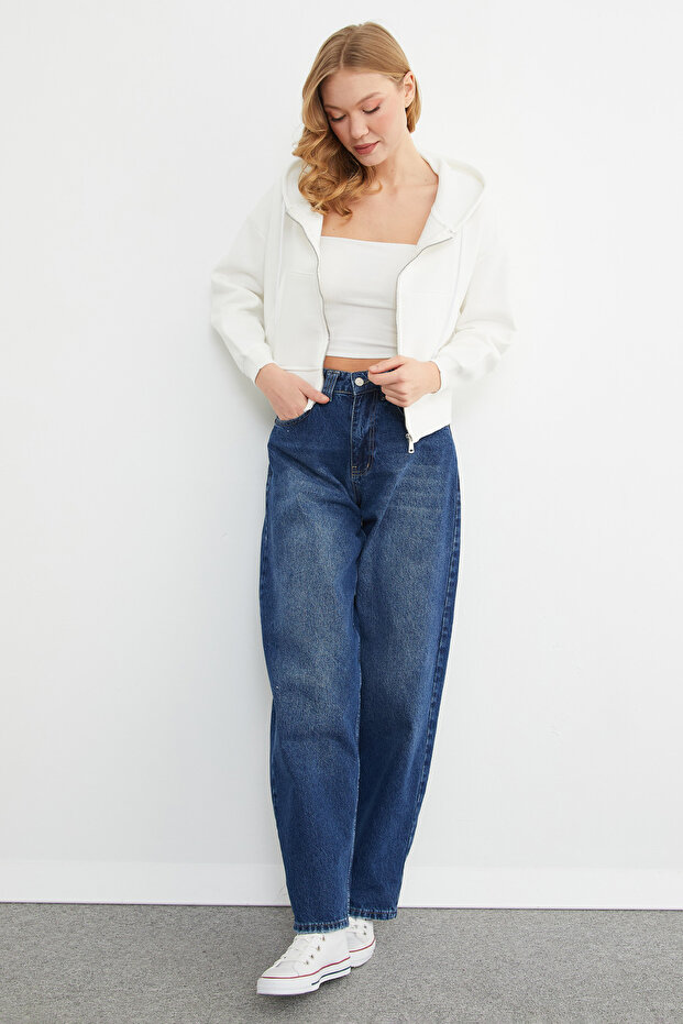 Basic Fermuarlı Kapüşonlu Crop Sweatshirt - 2