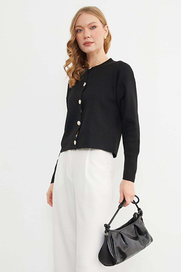 Basic Düğmeli Bisiklet Yaka Triko Hırka - 4