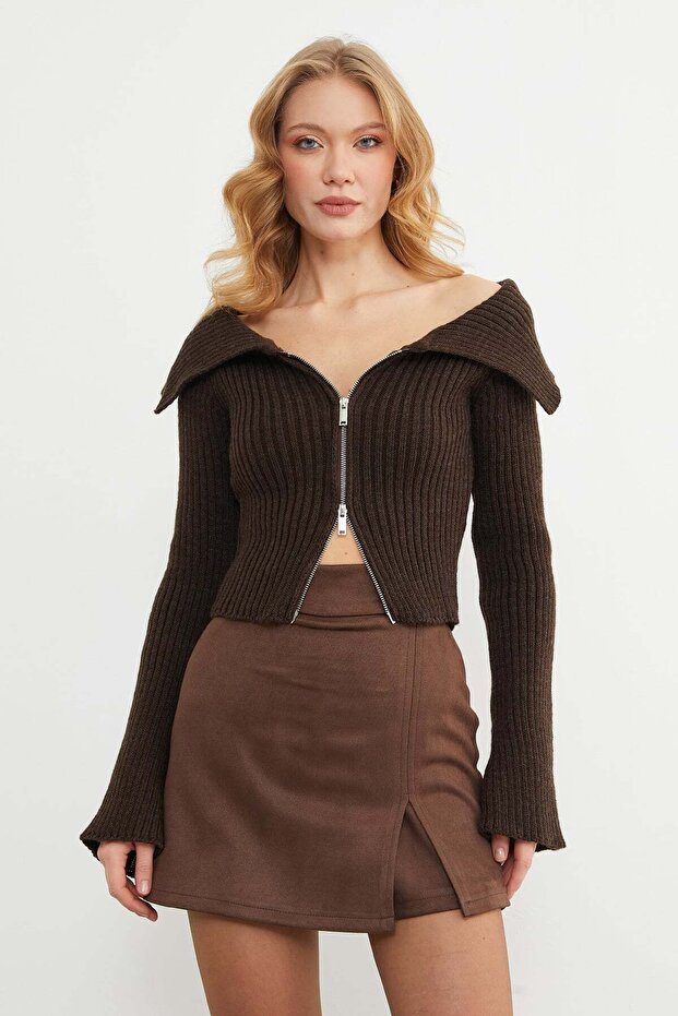 Zippered Madonna Collar Cardigan with Sleeve Detail