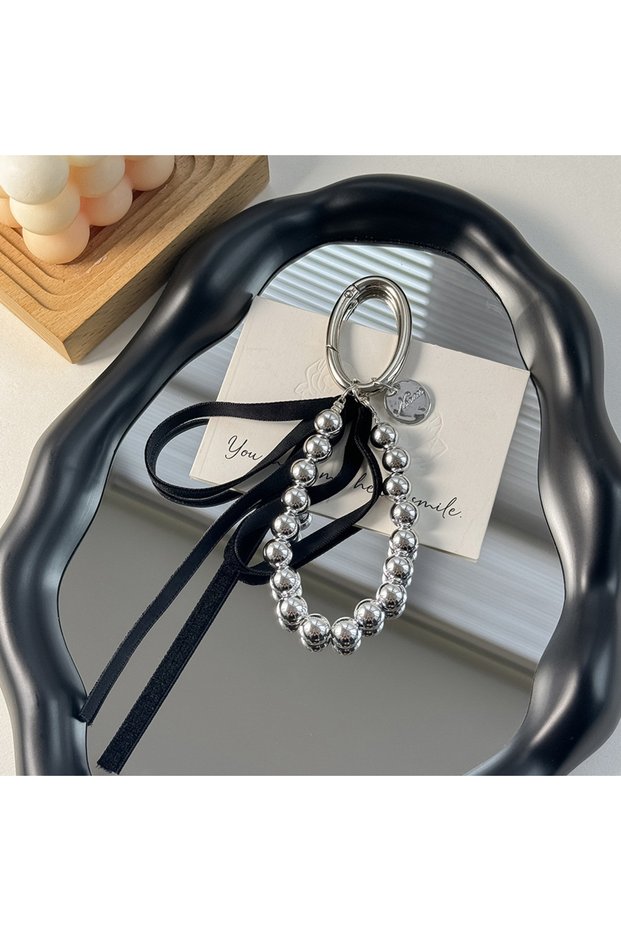 Black ZAKOL Elegant Pearls Ribbon Bowknot Bag Hanging Decoration Key Chain for Women Beads Key Rings