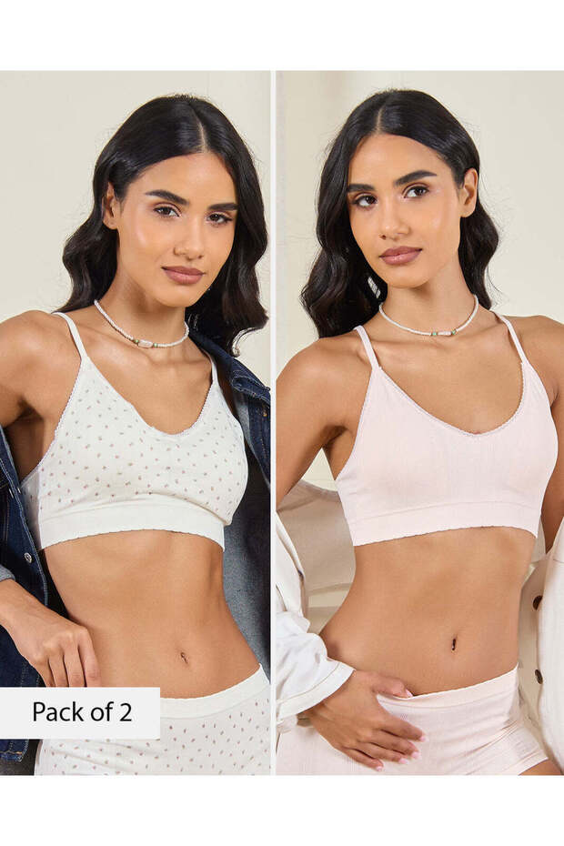 Women Assorted Printed Pointelle Padded V-Neck Comfort Bra (Pack Of 2)