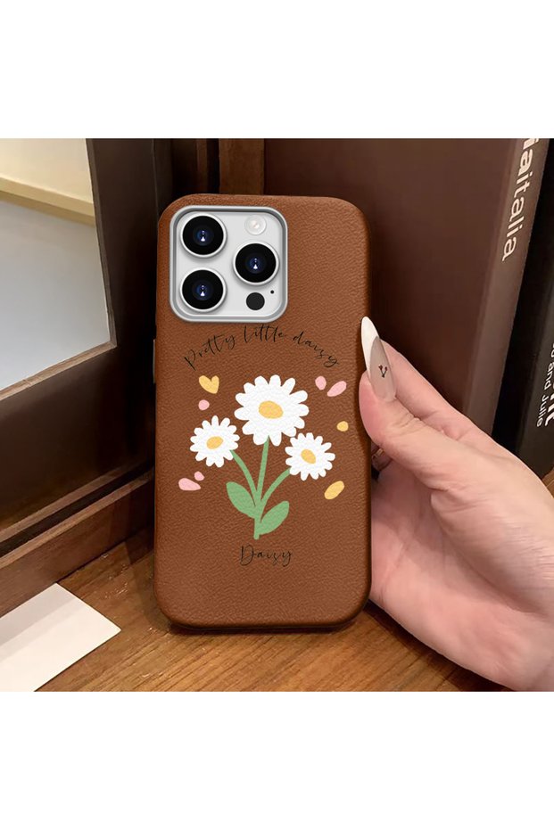 iPhone 15 Pro Compatible Brown Leather Textured Silicone Protects Camera Shock-Absorbing Case Flower