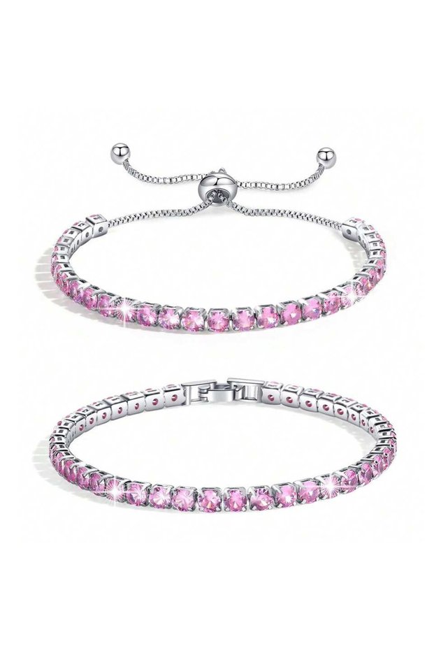 Pink 2pcs ZAKOL 2 Pcs Set 4 MM Round Zircon Tennis Bracelet for Women Shiny Geometric Pink AAA Cubic