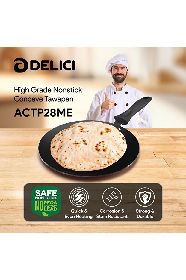 Nonstick Concave Tawa 28cm ACTP 28ME Aluminium PFOA Free 10X Tough Dishwasher Safe Bakelite Handle