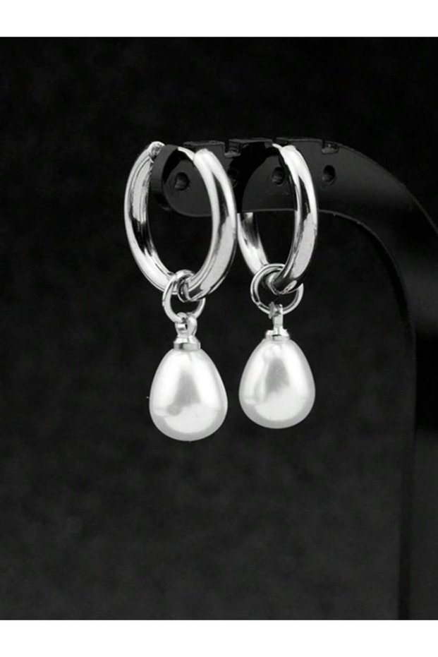 Silver 1 Pair Stainless Steel Waterproof And Non-Fading Stylish Women's Water Droplet Pearl Hoop Ear