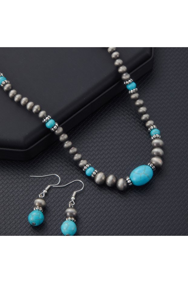 YC4363-1 2PCS Vintage Round Beads Inlaid Imitation Turquoise Necklace Earring Set Women's Fashionabl