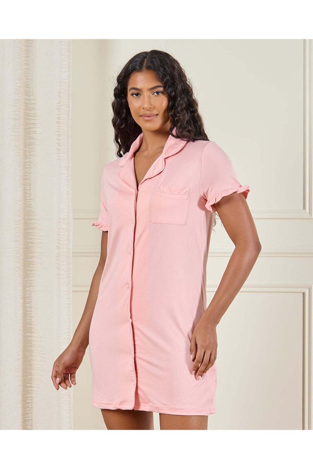 Women Pink Plain Short Sleeve Nightshirt