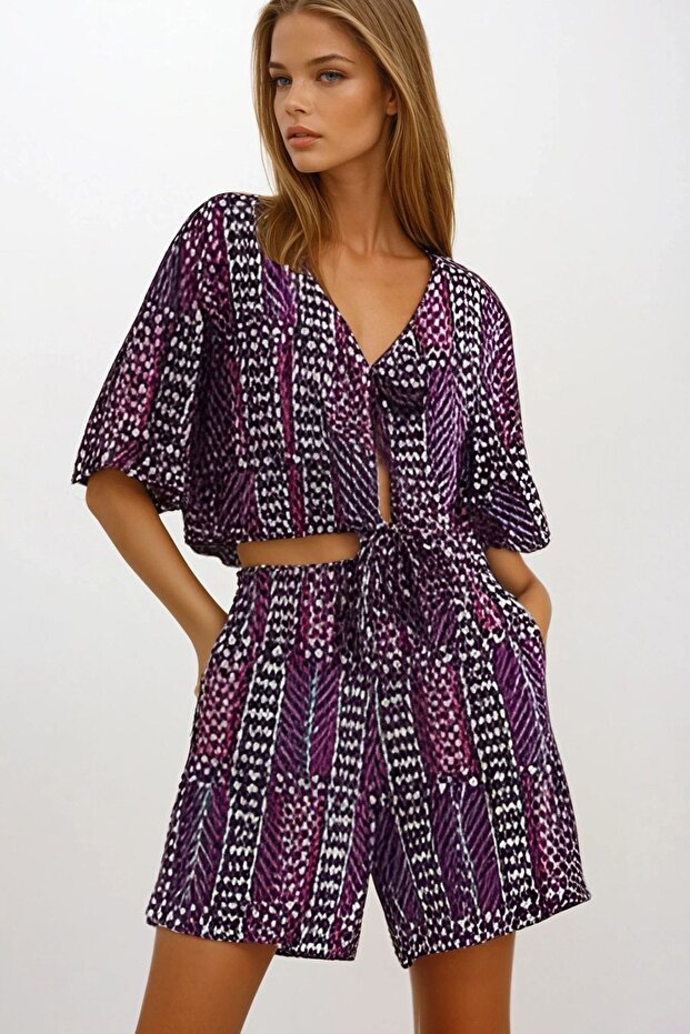 Purple Ethnic Patterned Tie-Up Blouse and Shorts Set Vs00189