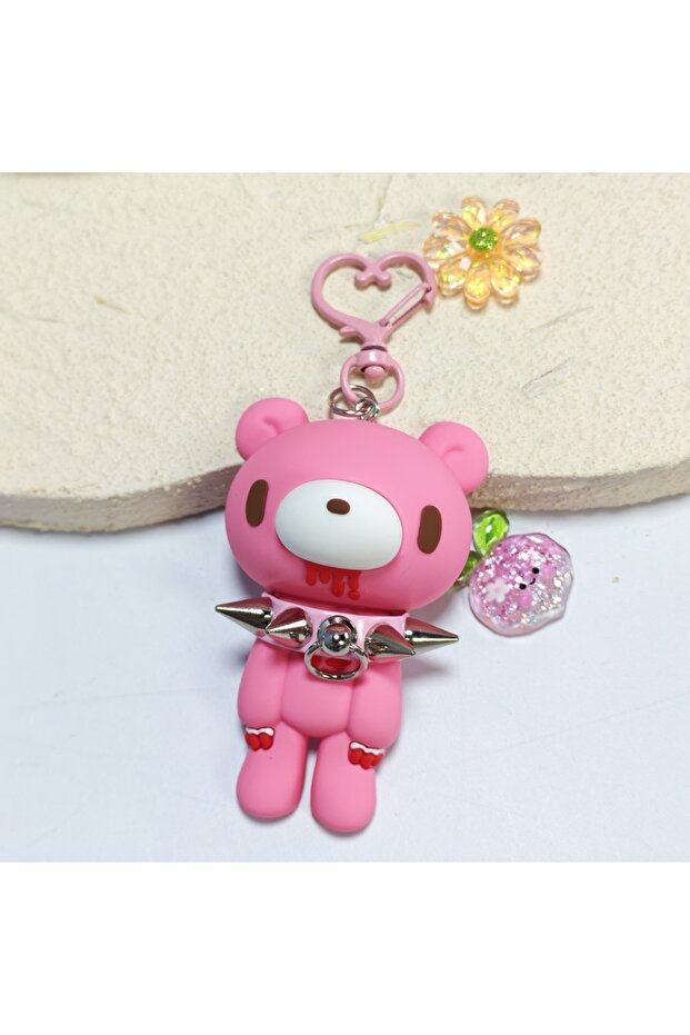 Pink Demon Bear Keychains:Cute Punk Bag Charms with Spiked Collars,Unique Evil Teddy Trinkets,Stylis
