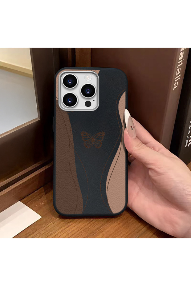 iPhone 16 Pro Max Compatible Black Leather Textured Silicone Protects Camera Shock Absorbing Case Butterfly
