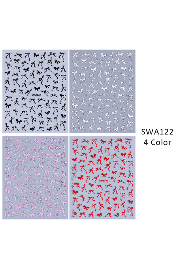 SWA122-4pcs 4pcs Streamer Bow Nail Art Stickers Black White Red Pink Irregular Bow Design Nail Decal