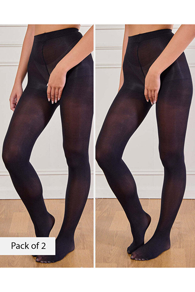 Women Black Rib Jacquard Tights (Pack of 2)