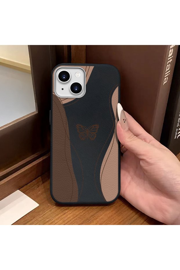 iPhone 14 Plus/15 Plus Compatible Black Leather Textured Silicone Protects Camera Shock-Absorbing Case Butterfly