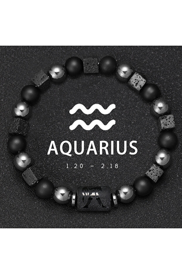 18-19cm Aquarius 12 Constellation Zodiac Bracele Signs Beads Couples Bracelet Square Volcanic Stone
