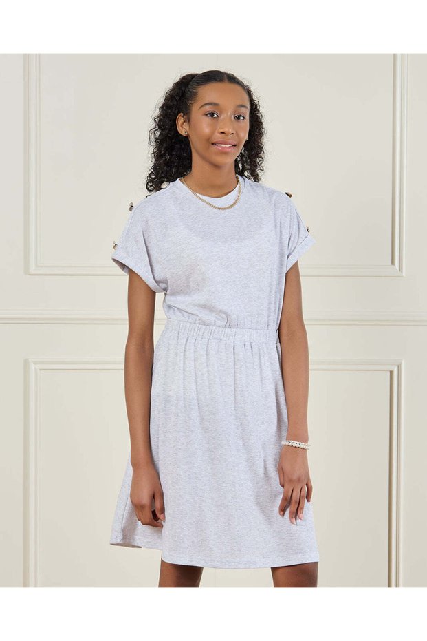 Senior Girls Grey Melange Rib Dress With Buttons