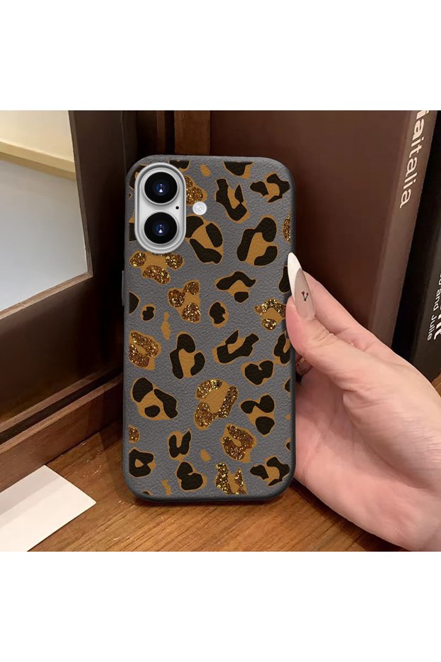 iPhone 16 Compatible Gray Leather Textured Silicone Protects Camera Shock-Absorbing Case Leopard