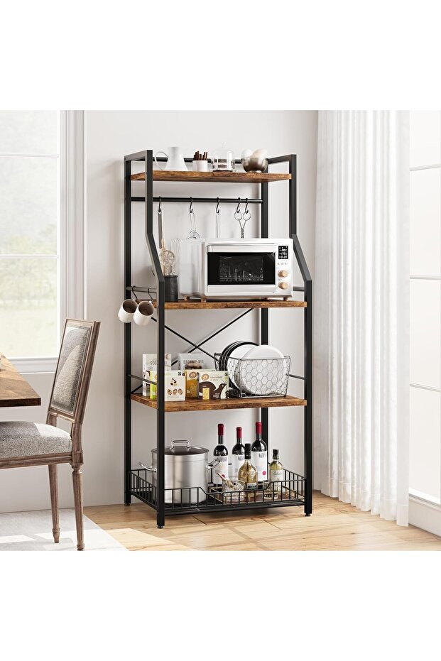 5-Tier Kitchen Storage Shelf, Standing Bakers Rack, 1 Large Wire Basket