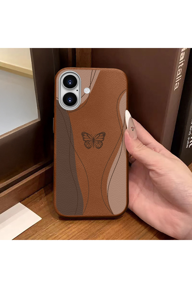 iPhone 16 Compatible Brown Leather Textured Silicone Protects Camera Shock-Absorbing Case Butterfly
