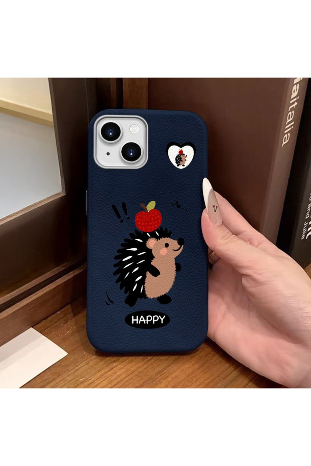 iPhone 15 Compatible Blue Leather Textured Silicone Protects Camera Shock-Absorbing Case Hedgehog