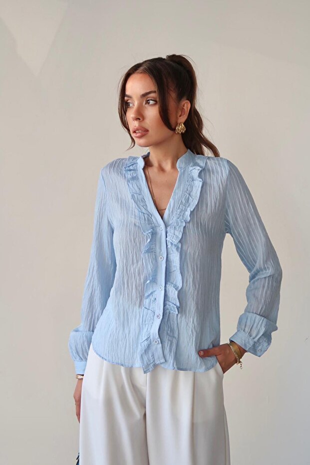 Women's Blue Judge Collar Shirt with Ruffles on the Front Vs00665