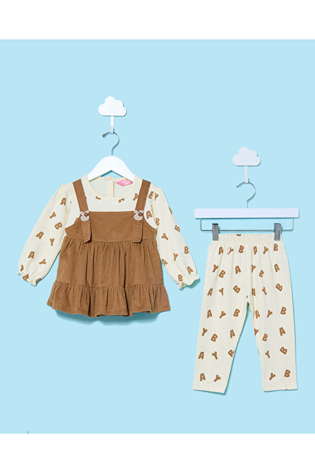 Infant Girls Brown Printed Frok With White Bottom (2 Piece)
