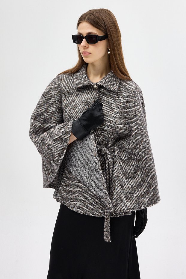 Black Shirt Collar Belted Poncho Women's Coat 3099A