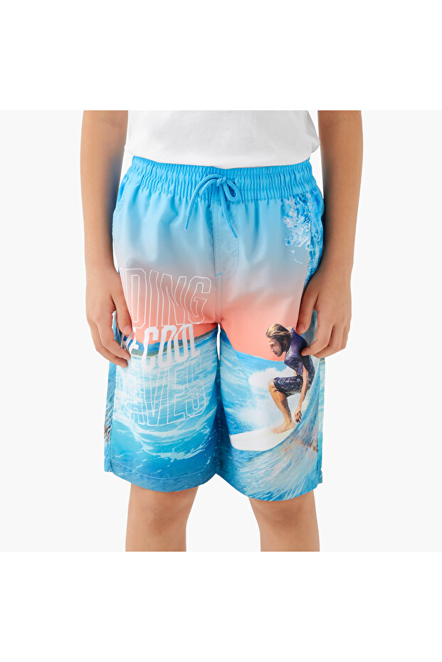 Printed Swim Shorts with Drawstring Closure and Pockets